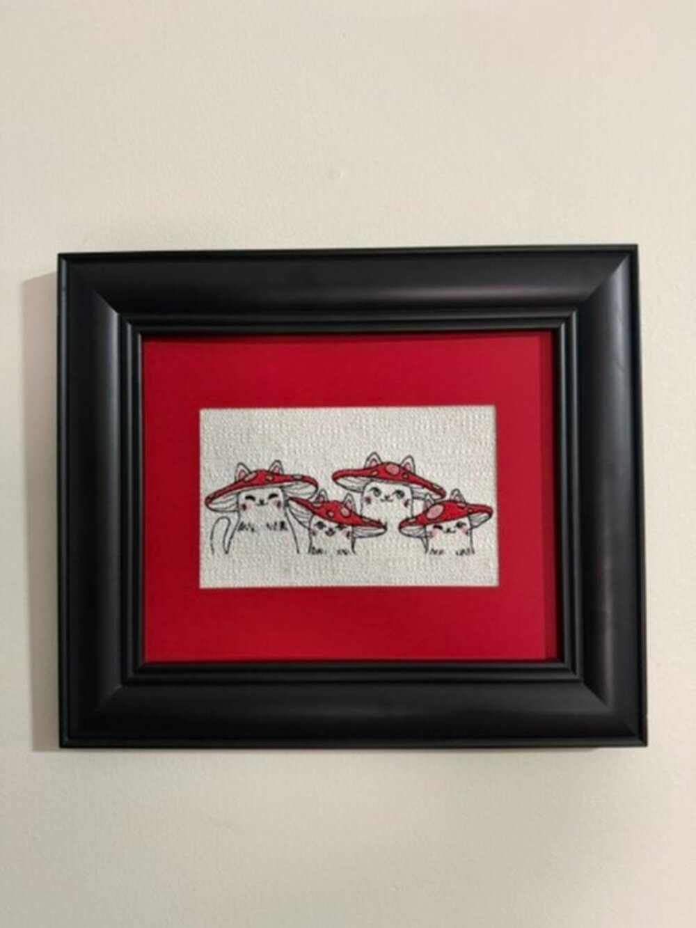 Homemade Black & Red Mushroom Cat Framed Embroidery Art